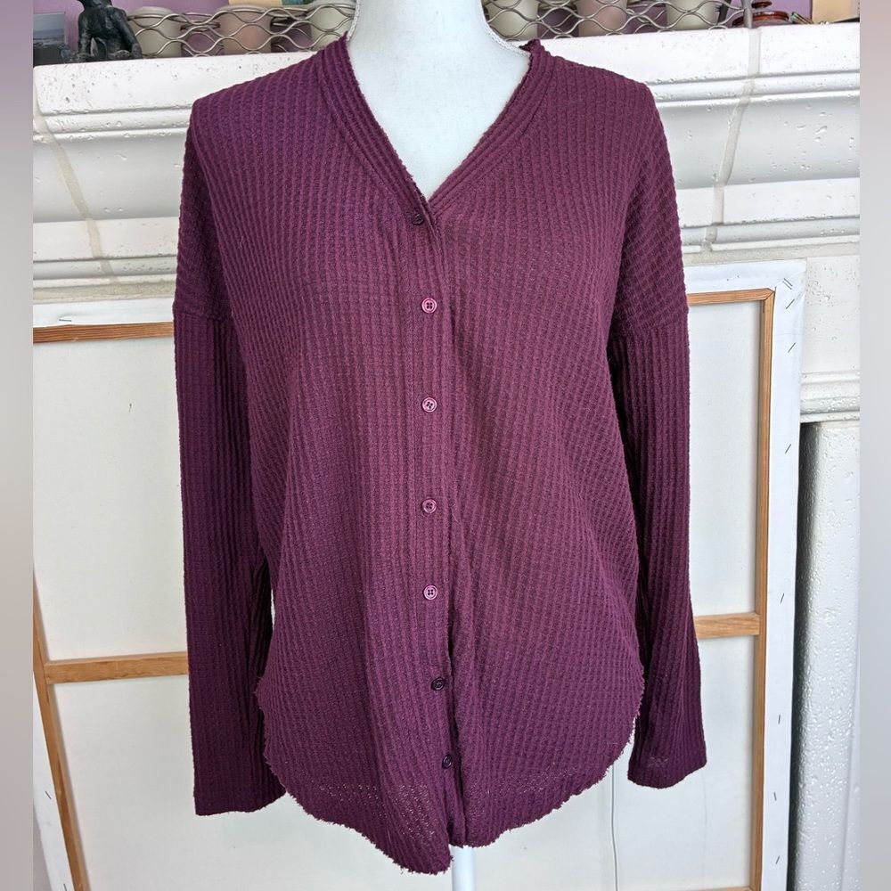 Olive & Oak Plum Waffle Knit Button-Down Shirt